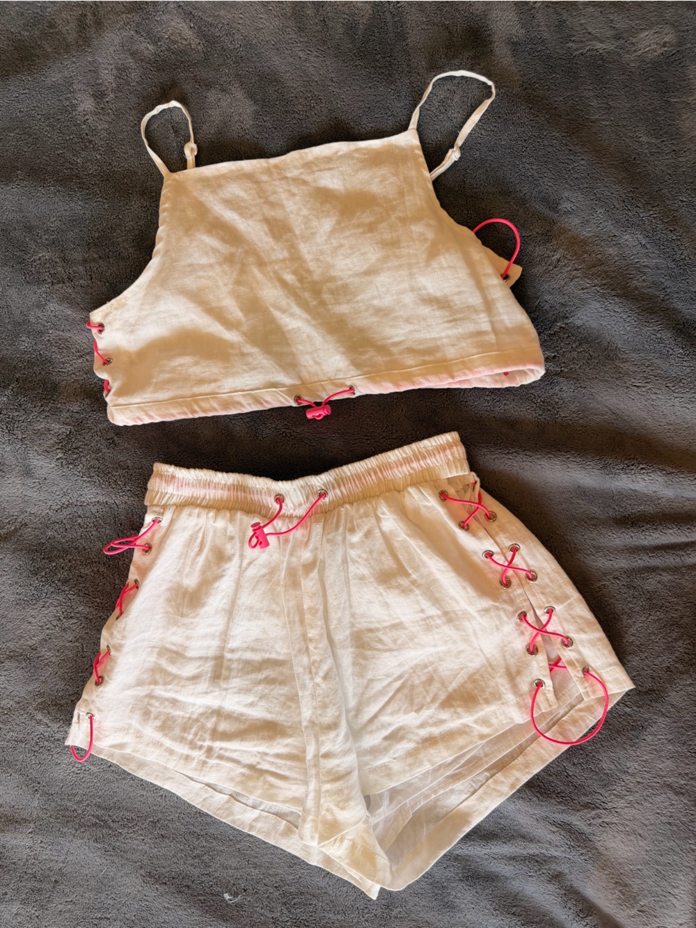 White Linen Two-Piece crop Top & High-Waist Bottom with Pink Lace-Up